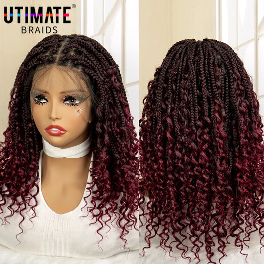 14 Inches Short Burgundy Box Braided Wigs Full Lace Synthetic Boho Braids